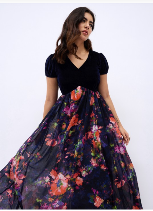 Women Floral Printed Puff Sleeve A-Line Maxi Dress Women Floral Printed Puff Sleeve A-Line Maxi Dress