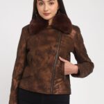 Women Abstract Printed Faux Fur Trim Biker Jacket